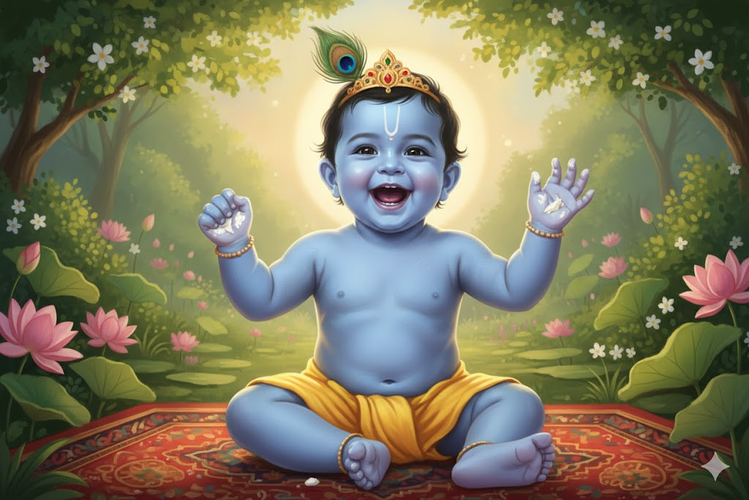 Baby Krishna in Garden with Peacock Feather