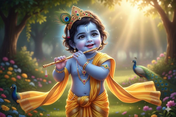 Baby Krishna Playing Flute in Garden