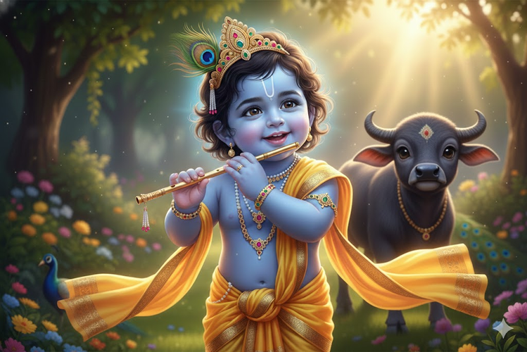 Baby Krishna with Flute Beside Buffalo