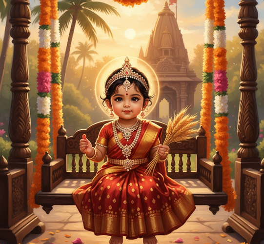 Baby Lakshmi Holding Wheat on Swing