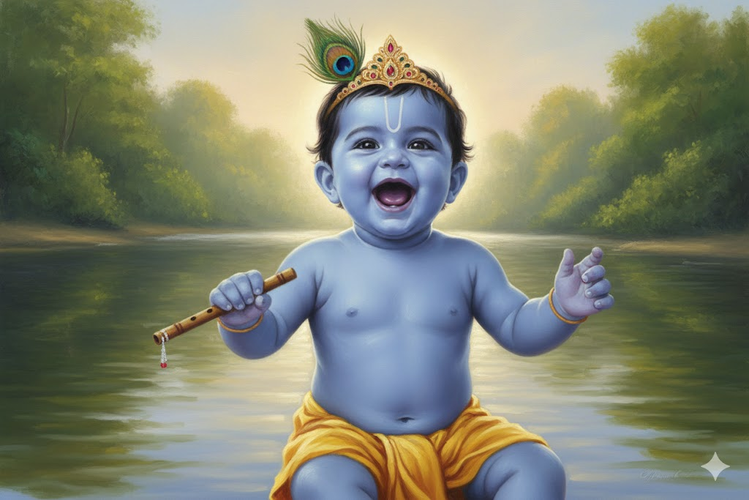 Bal Krishna with Flute by Riverbank