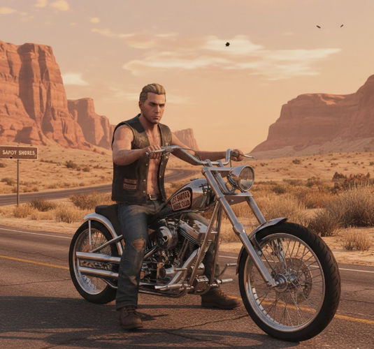 Blonde biker on desert motorcycle