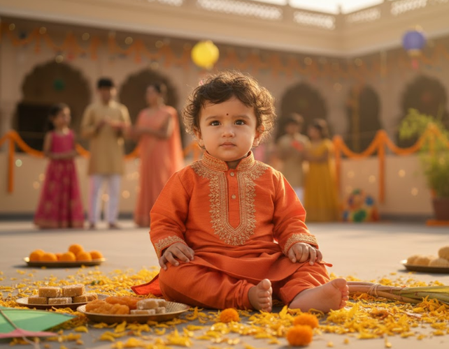 Blurred Courtyard with Festive Family Gathering
