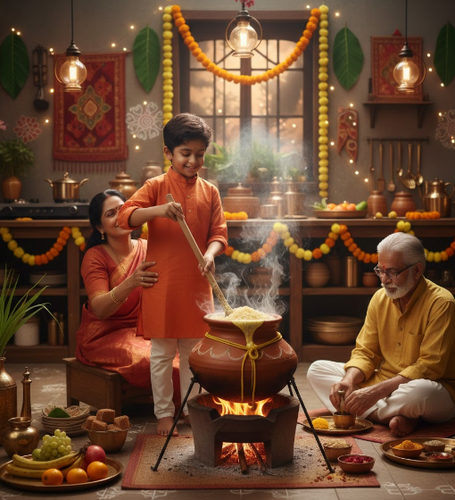 Boy Cooking Pongal in Festive Kitchen