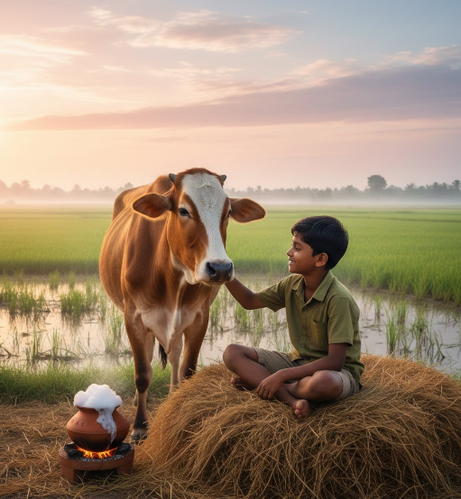 Boy Pats Cow Near Paddy Fields