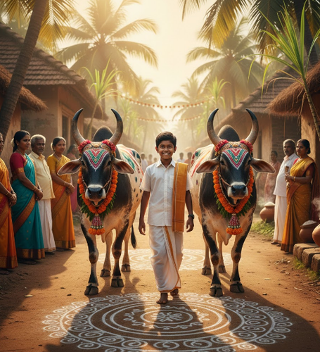 Boy Walking Between Decorated Bulls