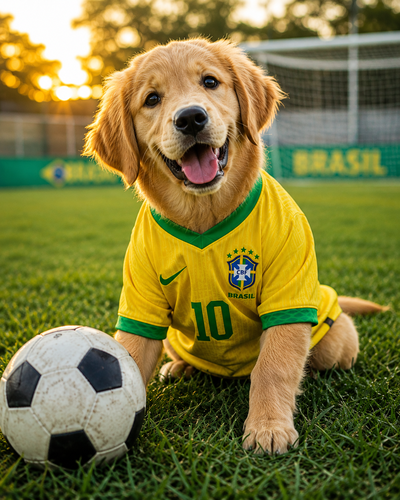 Fluffy Cat in Brazil Jersey on Grass