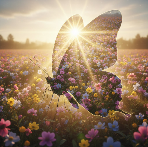 Butterfly Wings Merge with Blooming Flowers