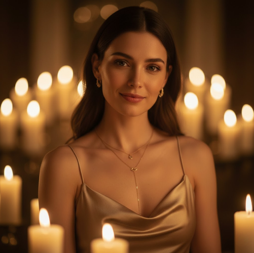 Candlelit Woman in Beige Gown