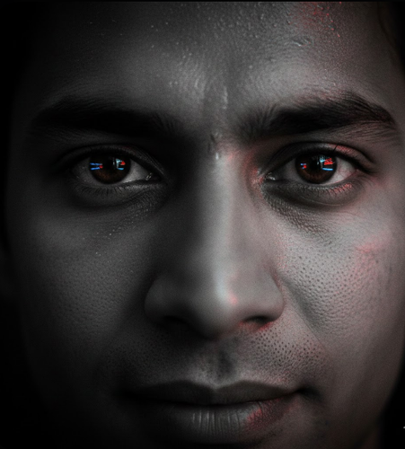 Cold-eyed man smirking in neon glow