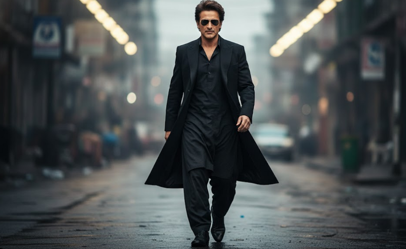 Confident man in black strides forward