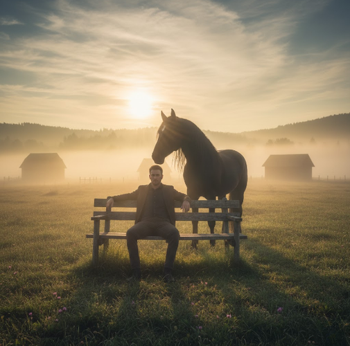 Confident Man on Bench with Black Horse