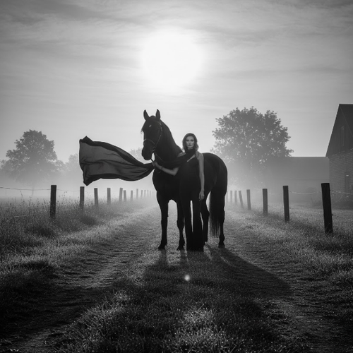 Confident Woman with Horse in Mist