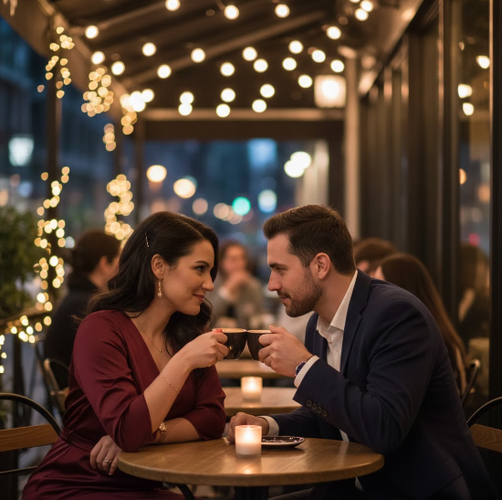 Couple Clinks Cups at Candlelit Cafe