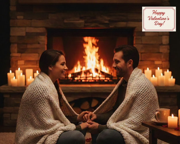 Couple cuddling by fireplace with candles