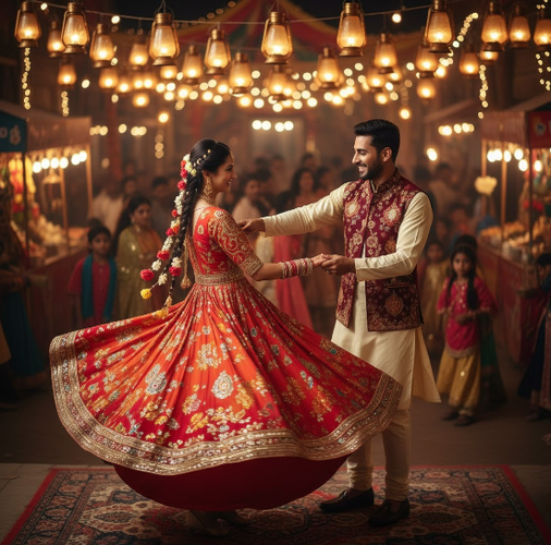 Couple Dancing in Traditional Festival Attire