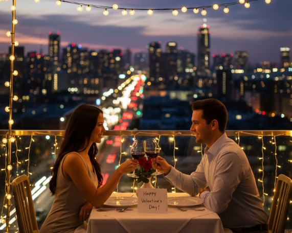 Couple dining under rooftop string lights