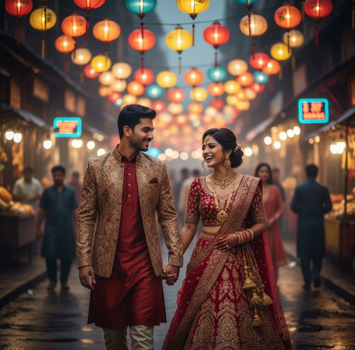 Couple in Festive Attire Laughing Joyfully