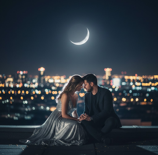 Couple on Moonlit Rooftop Holding Hands