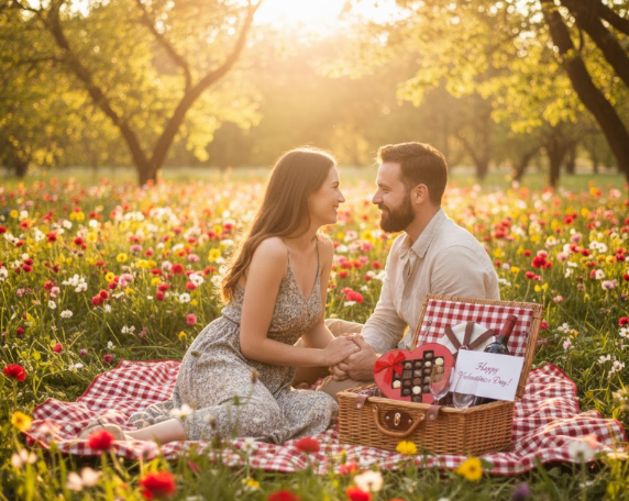 Couple picnicking in sunny flower meadow