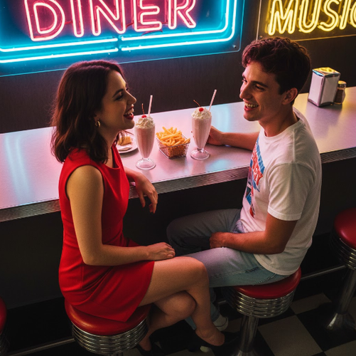 Couple Shares Food in Retro Diner