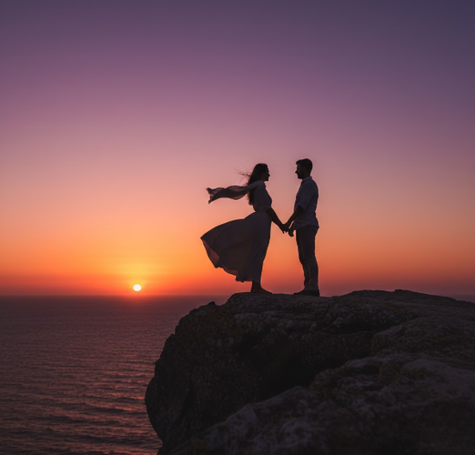 Couple Silhouetted at Cliff During Sunset