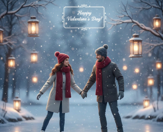 Couple skating on frozen lake