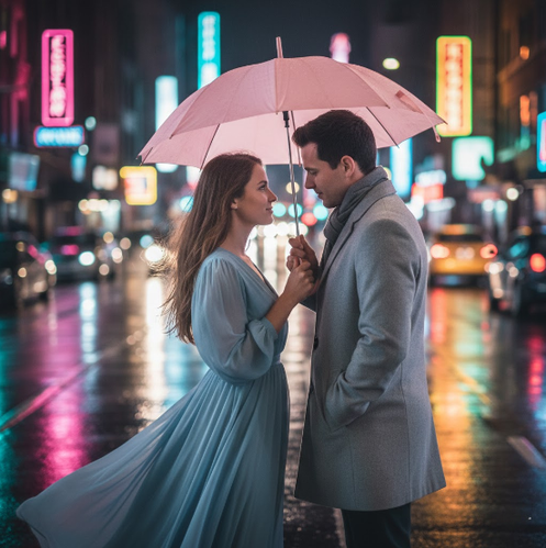 Couple under Pink Umbrella on Neon Street