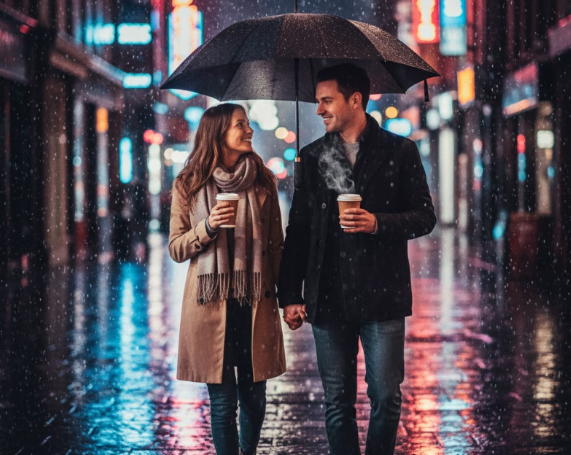Couple under umbrella in rainy street