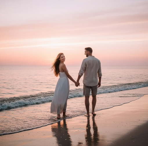 Couple Walking at Sunset Beach