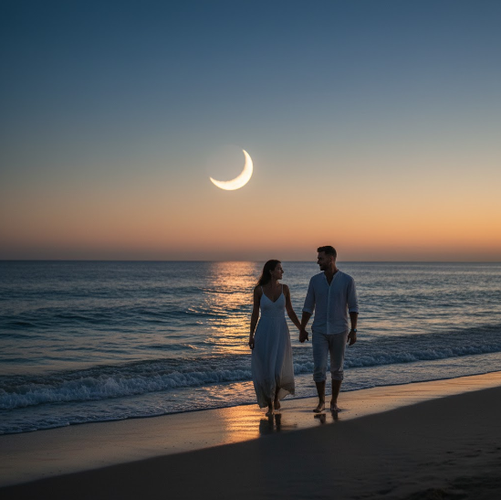 Couple Walking on Moonlit Beach