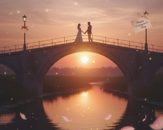 Couple walking on sunset bridge