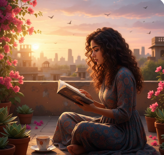 Curly-haired girl reading at sunset