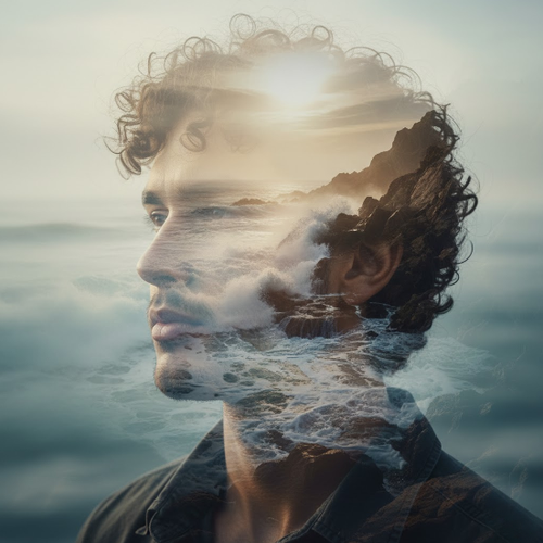Curly Haired Man with Ocean Wave Silhouette