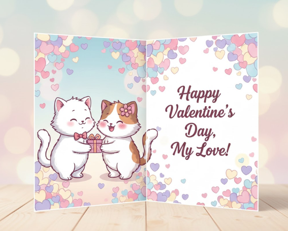 Cute cartoon cats exchanging Valentine gifts