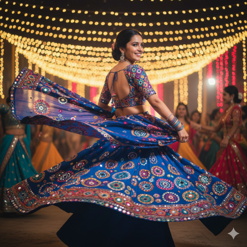 Dancer spinning in blue lehenga at Navratri
