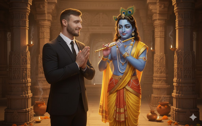 Devotional Lord Krishna with Devotee in Temple