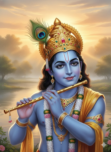 Divine Blue Krishna with Flute and Peacock Crown