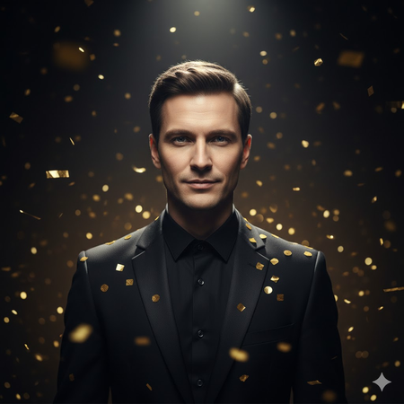 Elegant man in black suit with golden confetti