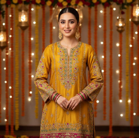 Elegant model in embroidered ethnic attire