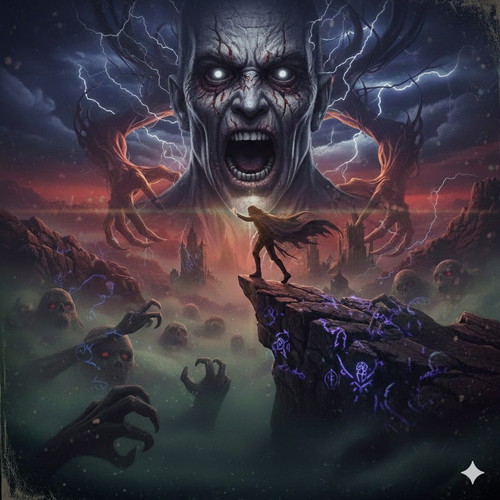 Epic stormy movie poster with hero