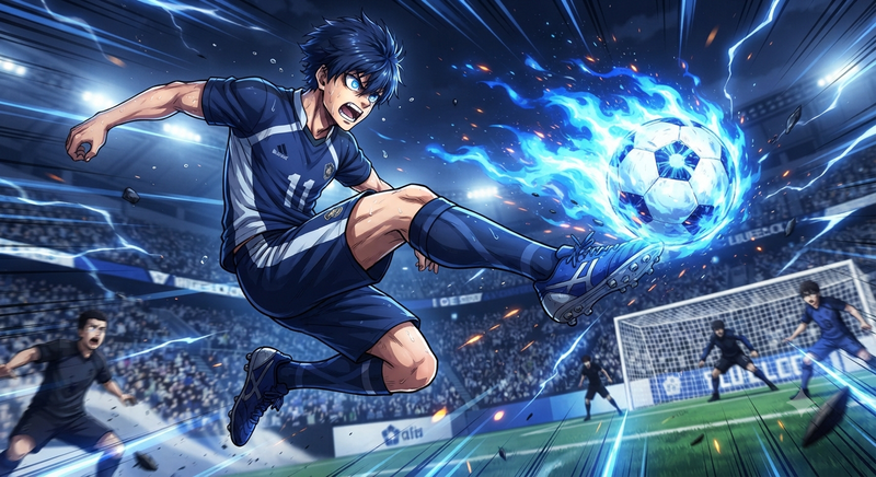 Anime Player Kicks Blue Flame Ball