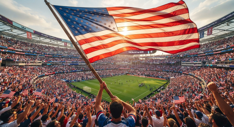 Pov Billowing Flag over Stadium Crowd