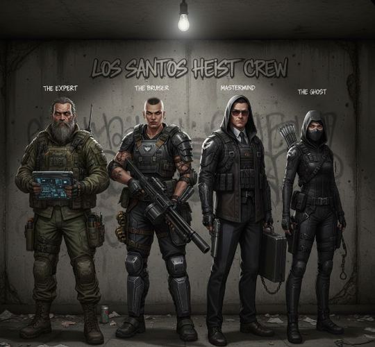 Four tactical heist crew members in safehouse