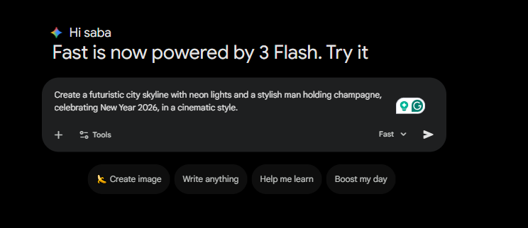 Futuristic neon city skyline celebrating 2026