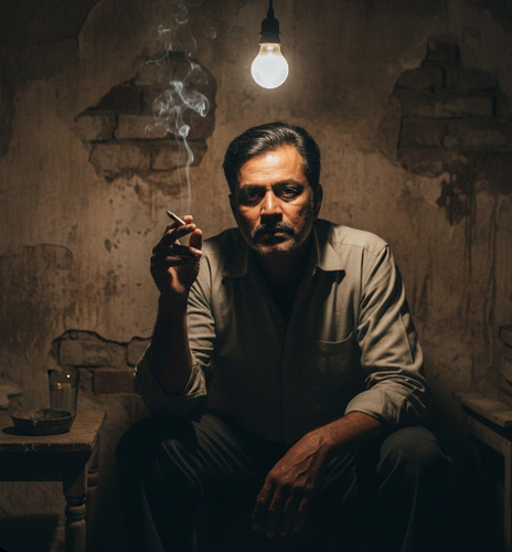 Gangster interrogates under harsh cinematic light