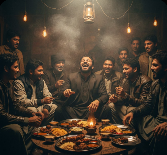 Gangster laughing with gang at smoky meal