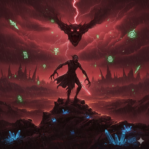 Ghostface in dark misty alley Mystical symbols in stormy sky