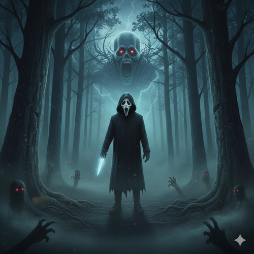 Ghostface in misty moonlit forest