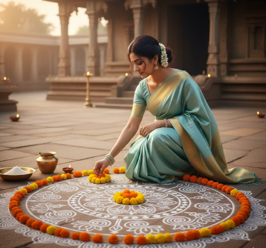 Girl Arranging Flowers by Intricate Kolam